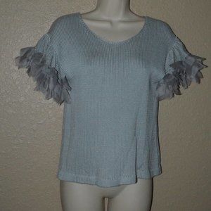 Sz S Louiza Babouryan Light Blue Short Sleeve Silk Trim Detail Sweater